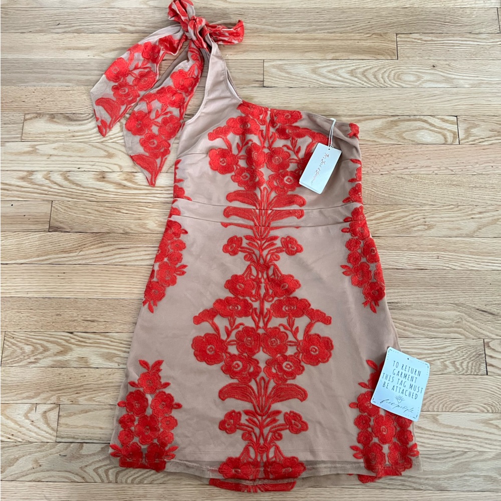 NWT For Love And Lemons Small Floral Women's One Shoulder Dress Tan Red